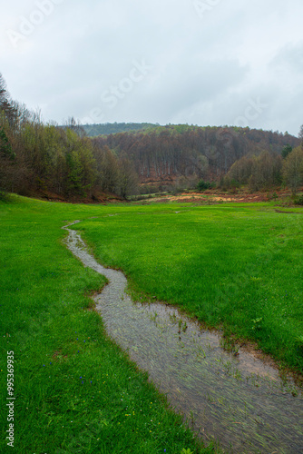 Foggy, rainy plateau mountain landscape in spring. Mountains covered with clouds in rainy weather. Bursa Kırıntı Village trekking routes. Green meadows and misty mountains in spring.