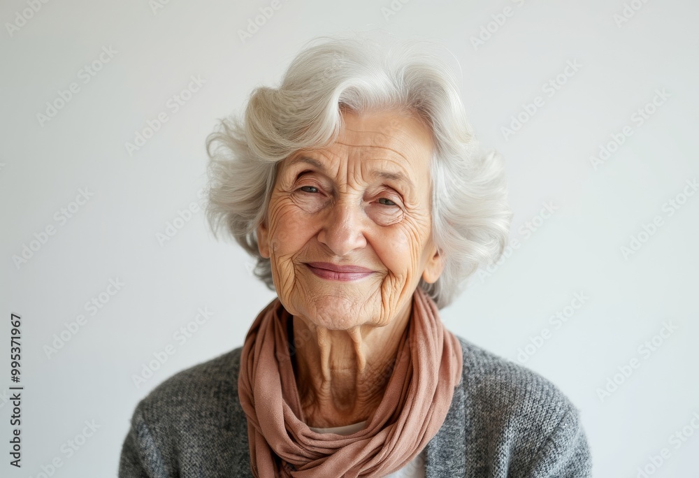 Portrait of a smiling elderly woman with gray hair, gentle expression, aging gracefully, senior lady wearing a scarf
