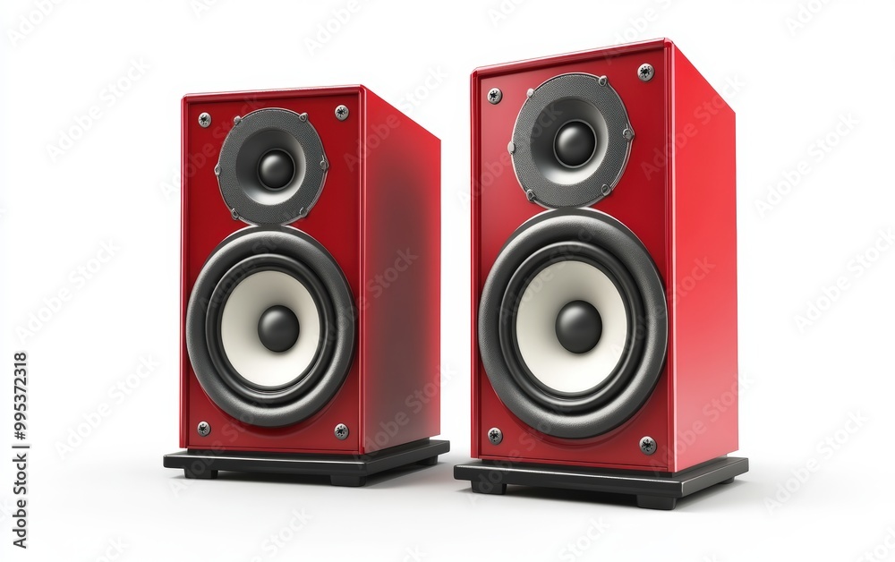 Music speakers isolated on white background. Red music speakers. Music. Music speakers isolated on white background. Red music speakers. Music.