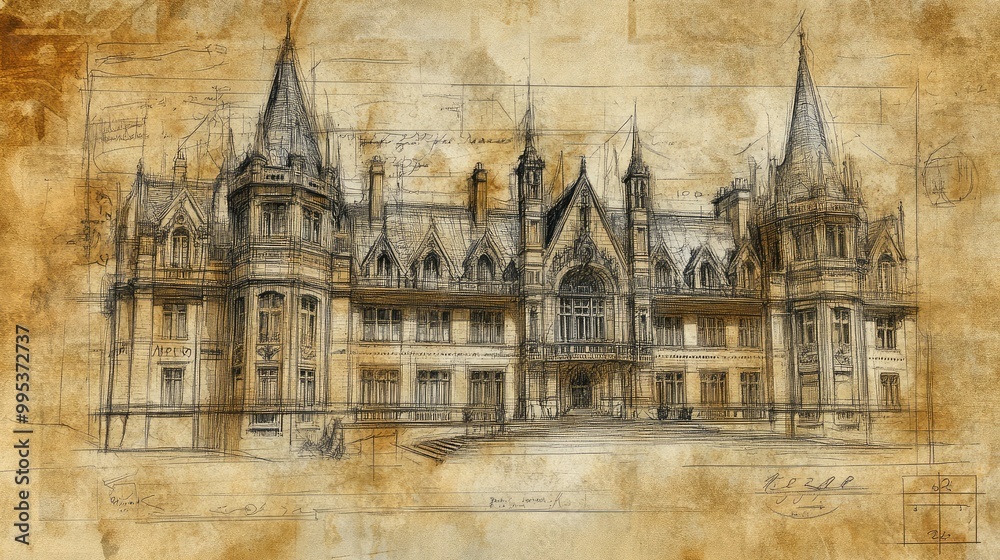 Fototapeta premium Faded Victorian town hall plans, sketched on old, brittle parchment, with detailed architectural flourishes and worn, creased edges
