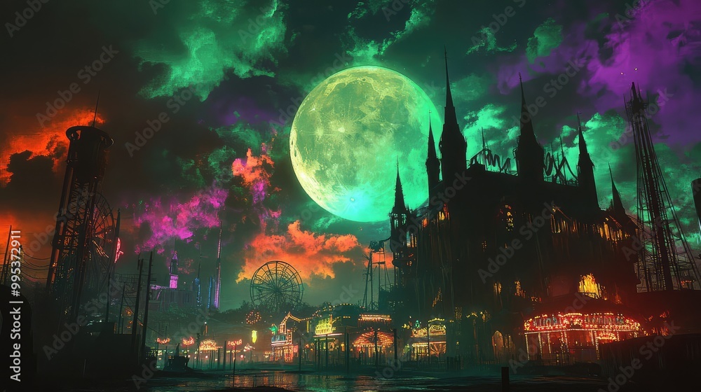 custom made wallpaper toronto digitalHaunted carnival in a dystopian city, with a harvest moon and eerie purple-green skies kissed by fiery orange clouds