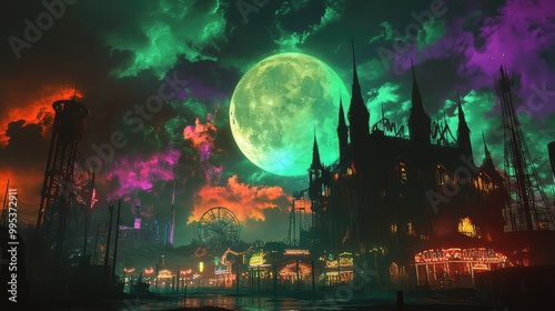 Wallpaper Mural Haunted carnival in a dystopian city, with a harvest moon and eerie purple-green skies kissed by fiery orange clouds Torontodigital.ca