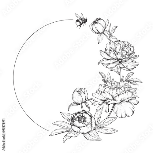Beautiful hand drawn vector frame with black and white blooming peonies and other garden flowers, bumblebee