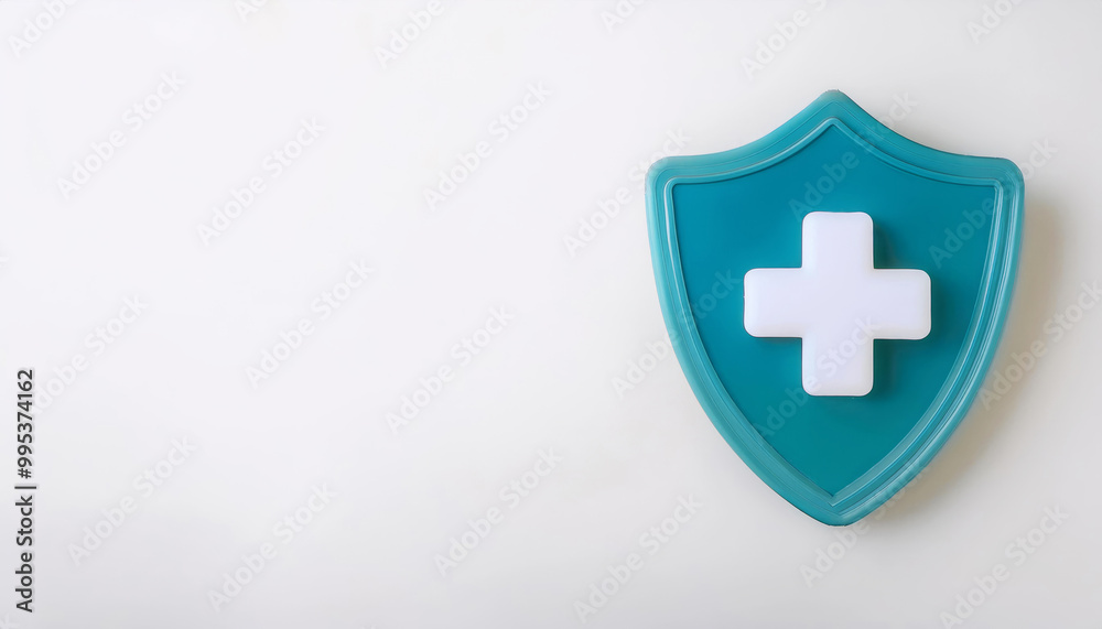 Shield with medical cross in blue, symbolizing health and safety on white background. Shield with medical cross in blue, symbolizing health and safety on white background.