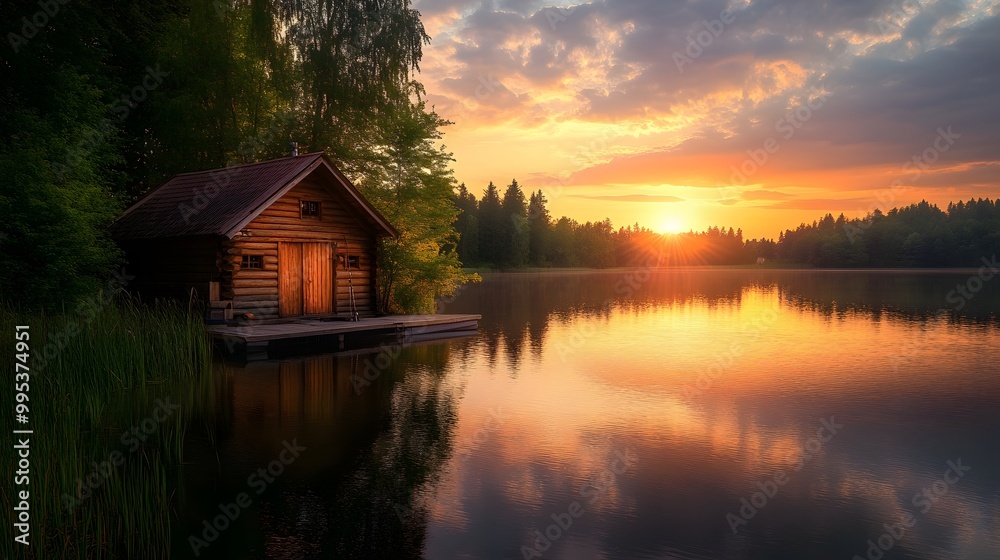 Obraz premium 55. A cozy fishing cabin on a lake at sunset with reflections on the water