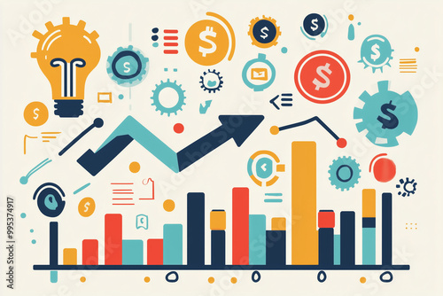 An illustrated graph with an arrow going up, surrounded by symbols of success like coins, gears, and light bulbs