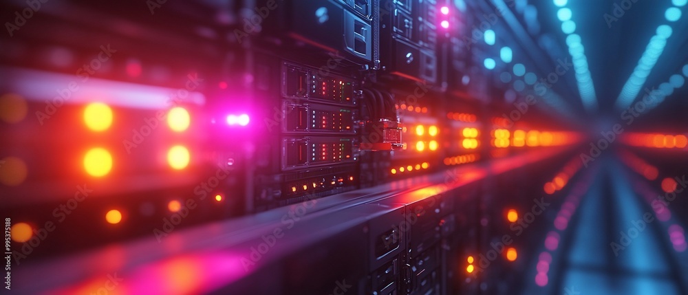 Closeup of server rack with glowing lights. Closeup of server rack with glowing lights.