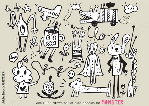 Cute monsters doodles.Cute monsters doodles,funny cool monsters, aliens or fantasy animals for children coloring books or t-shirts. Hand drawn line art cartoon vector illustration.