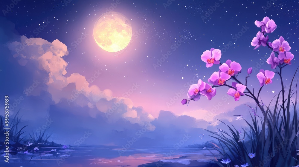 Orchid in full bloom, delicately framed against the backdrop of a luminous moon in a calm, twilight sky Orchid in full bloom, delicately framed against the backdrop of a luminous moon in a calm, twilight sky
