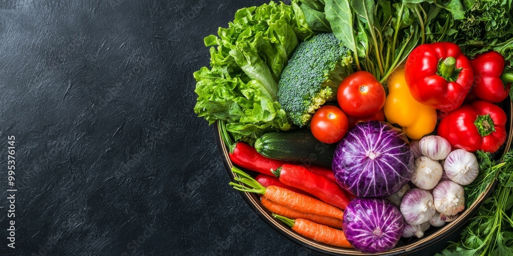 A vibrant assortment of fresh vegetables in a basket, including lettuce, peppers, tomatoes, broccoli, and more, set against a dark background.