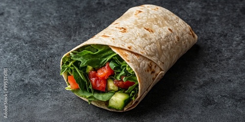 A delicious whole wheat wrap filled with fresh vegetables, showcasing a healthy, portable meal option.
