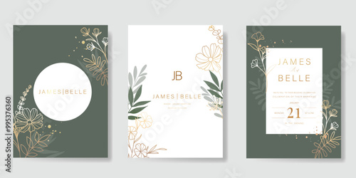 Luxury wedding invitation card vector template. Green background with gold line art, flower, leaves branches, foliage. Design illustration for vip cover, poster, rsvp modern card.