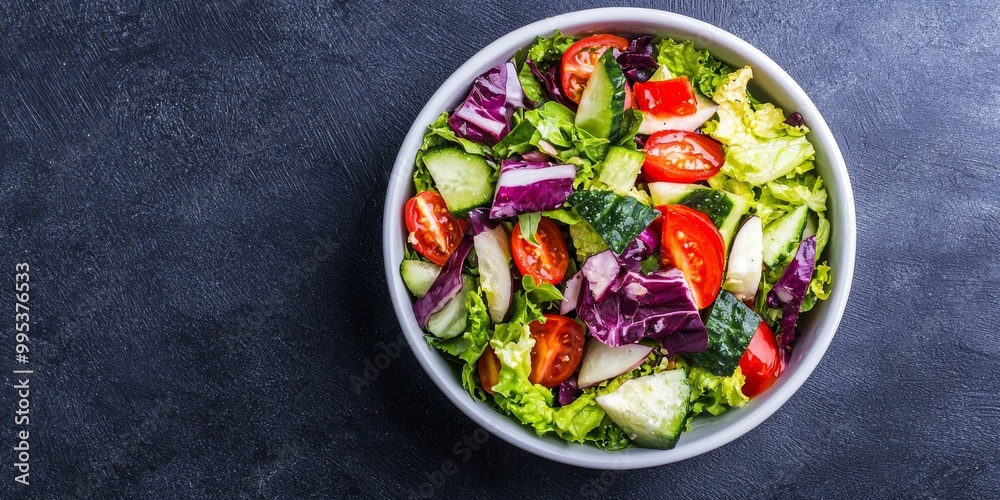 A vibrant bowl of fresh salad featuring mixed greens, cherry tomatoes, cucumber, and purple cabbage on a dark textured background. A vibrant bowl of fresh salad featuring mixed greens, cherry tomatoes, cucumber, and purple cabbage on a dark textured background.