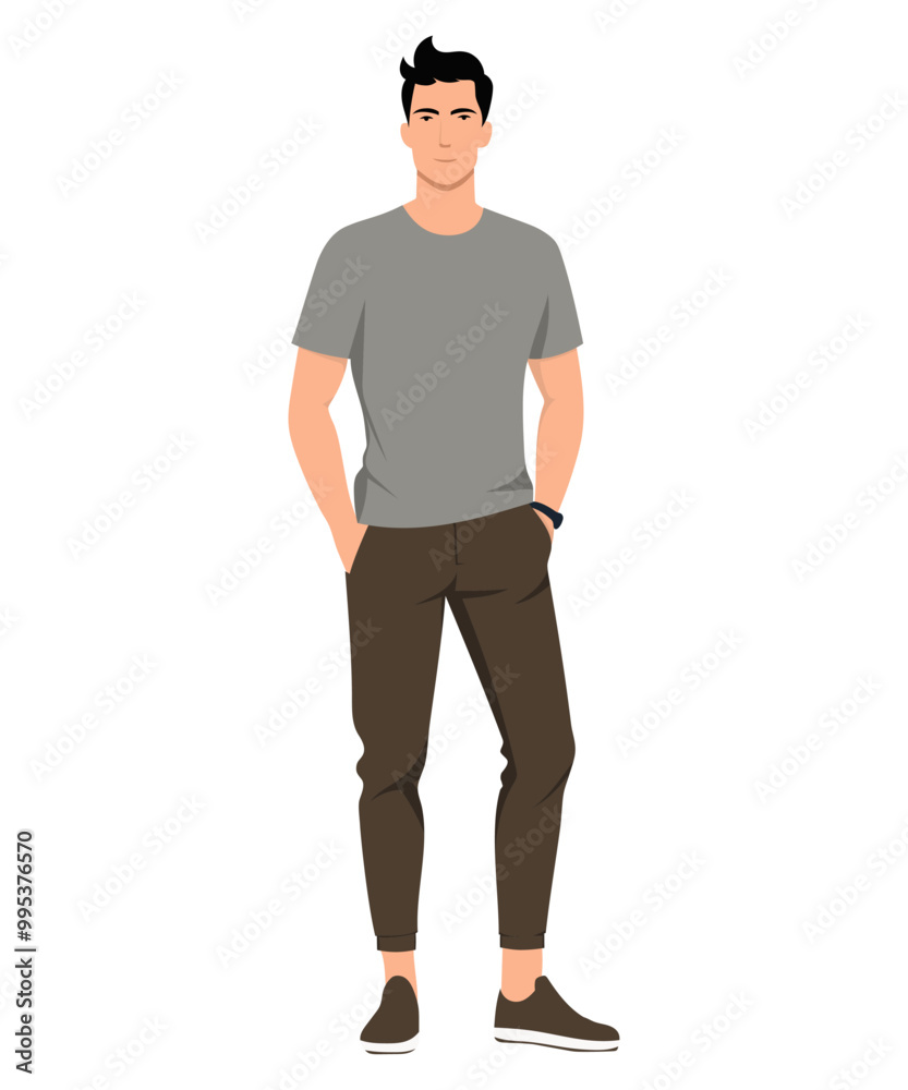 Vector illustration of a man in a gray and blue t-shirt and black pants. A comfortable and casual look for every day. Vector illustration of a man in a gray and blue t-shirt and black pants. A comfortable and casual look for every day.