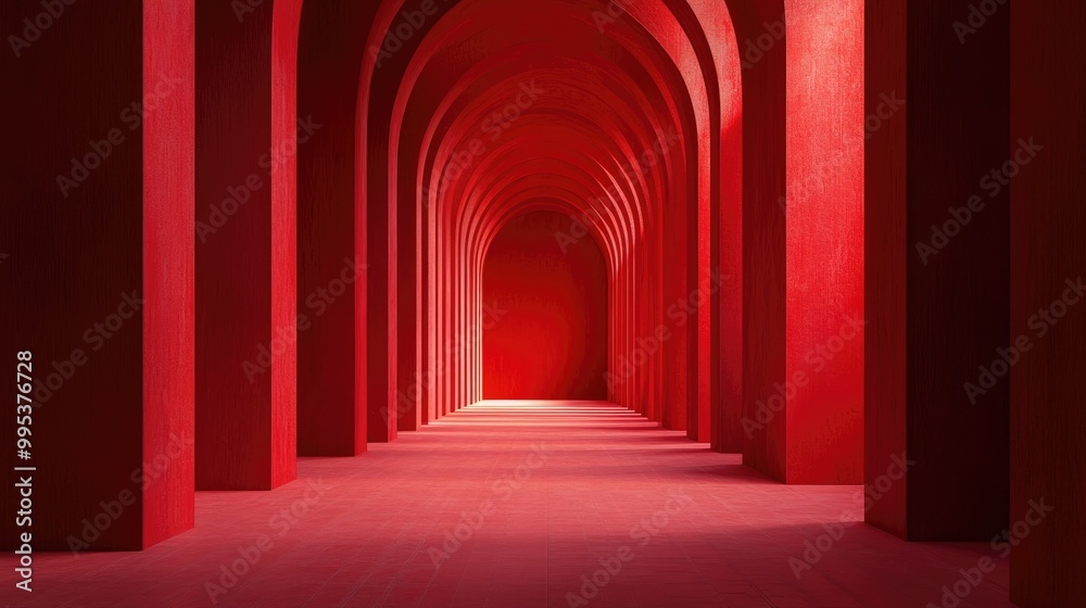 Abstract red surreal 3D render featuring an arched corridor with a vertical background Surreal interior concept illustrated in three dimensions Abstract red surreal 3D render featuring an arched corridor with a vertical background Surreal interior concept illustrated in three dimensions