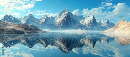 Surreal 3D landscape illustration featuring mountains and peaks reflected in tranquil waters