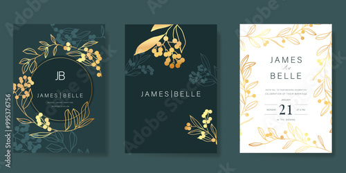 Luxury wedding invitation card vector template. Green background with gold line art, flower, leaves branches, foliage. Design illustration for vip cover, poster, rsvp modern card.