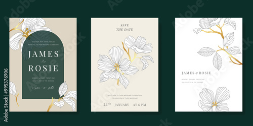 Luxury wedding invitation card vector template. Beige background with gold line art, flower, leaves branches, foliage. Design illustration for vip cover, poster, rsvp modern card.