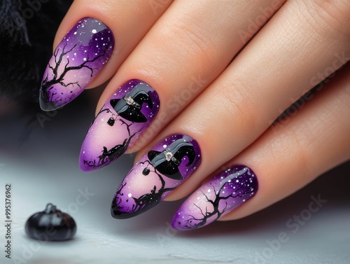 Stunning vampy nail art featuring a purple gradient with spooky branches and a crescent moon, perfect for Halloween-themed looks.