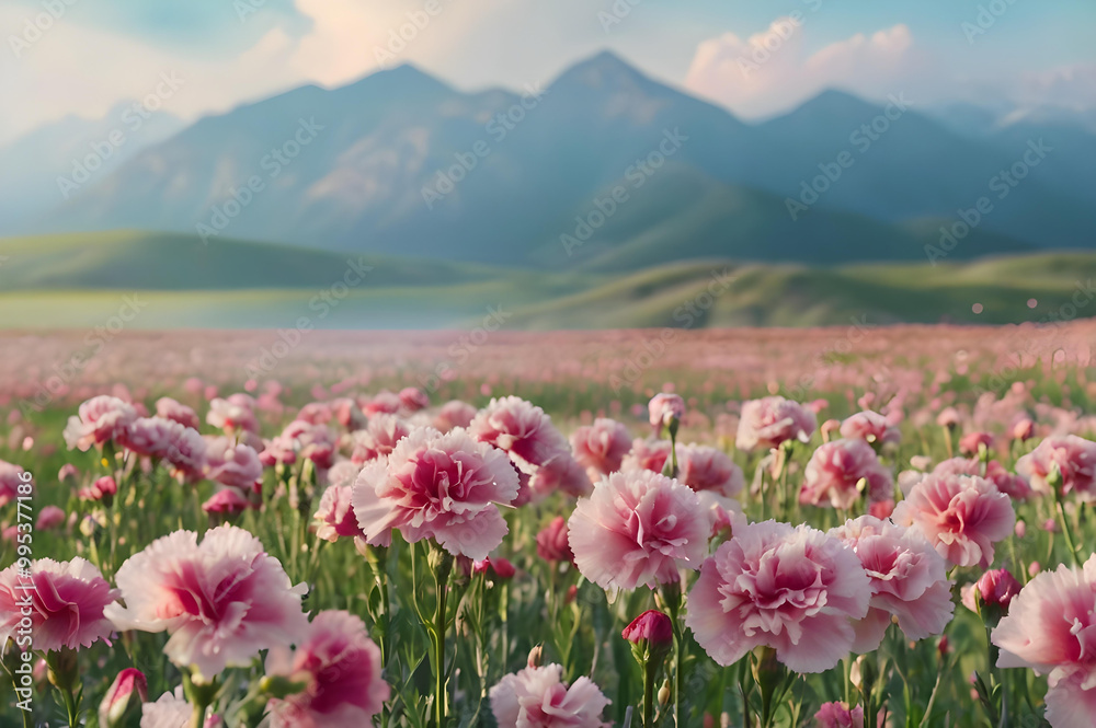 Fototapeta premium Stunning Carnation Flower Field with Majestic Mountain Backdrop. Natural Beauty, Seasonal Bloom.