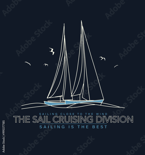 Adobe Illustrator ArtworkSailboat in the sea, summer adventure, active vacation. Seagoing vessel, marine ship or nautical caravel. water transport in the ocean for sailor and 