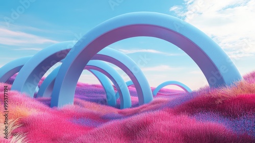 Surreal landscape featuring soft blue vibrant arc sculptures amidst a field of violet pink and red grass 3D rendering reflecting retro futurism and surrealism aesthetics photo