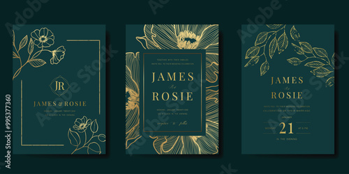 Luxury wedding invitation card vector template. Green background with gold line art, flower, leaves branches, foliage. Design illustration for vip cover, poster, rsvp modern card.