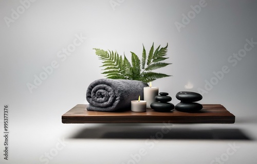 A rolled towel, two candles, a fern, and a stack of black stones sit on a wooden shelf against a white background.