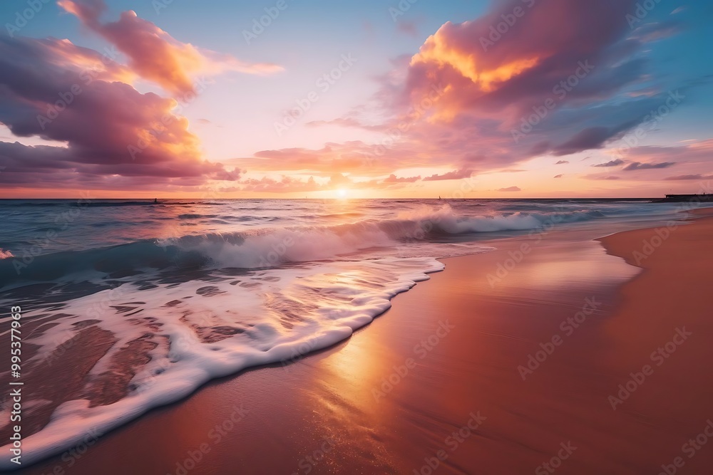A serene beach at sunset with vibrant colors reflecting on the water. A serene beach at sunset with vibrant colors reflecting on the water.