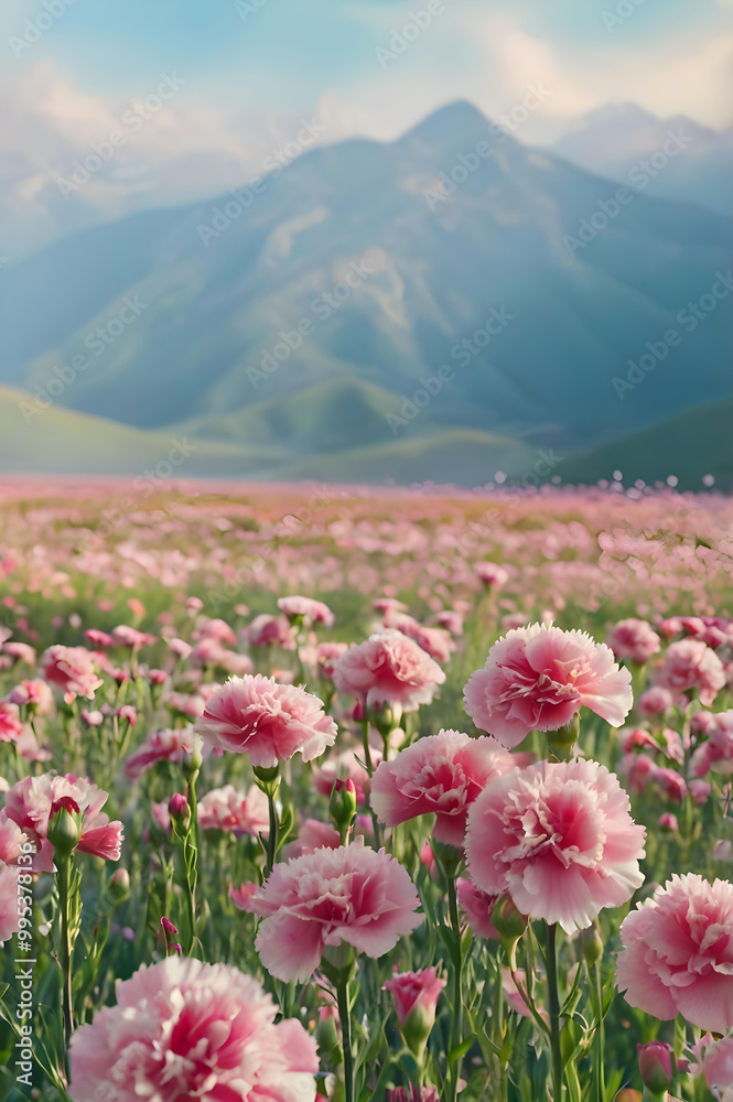 Stunning Carnation Flower Field with Majestic Mountain Backdrop. Natural Beauty, Seasonal Bloom. Stunning Carnation Flower Field with Majestic Mountain Backdrop. Natural Beauty, Seasonal Bloom.