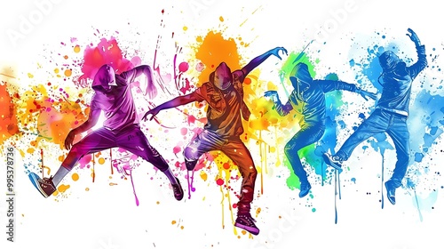 Vibrant silhouettes of dancers leap against a colorful backdrop of splashes, embodying energy, movement, and artistic expression.