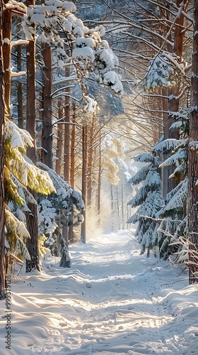 A snowy forest path illuminated by sunlight, creating a serene winter landscape.