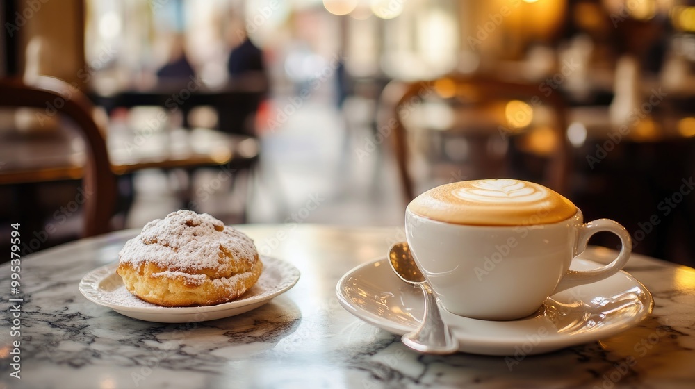 A cappuccino being served with a small pastry in a charming Italian caf A cappuccino being served with a small pastry in a charming Italian caf