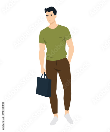 Vector illustration of a man in a casual outfit with an olive t-shirt and dark brown pants, suitable for warm summer days.