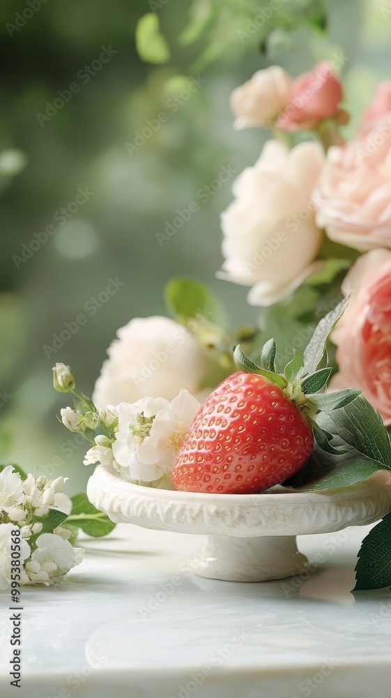 Strawberry in a luxurious garden with lush greenery and elegant flowers.