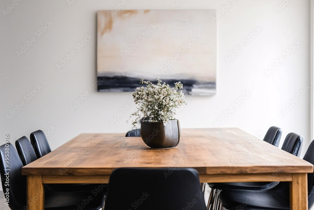 minimalist wooden dining table with black chairs and greenery in a modern interior minimalist wooden dining table with black chairs and greenery in a modern interior