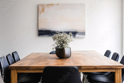 minimalist wooden dining table with black chairs and greenery in a modern interior