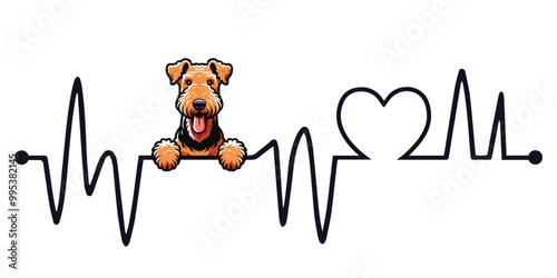 Heartbeat line with Airedale Terrier Dog Peeking, Dog and Heartbeat frequency with Heart Love Vector illustration
