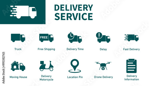 Delivery service icons. Set of solid vector icons on the theme of shipping, truck, moving house, location, drone.