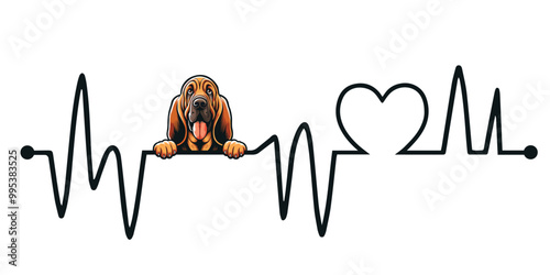 Heartbeat line with Bloodhound Dog Peeking, Dog and Heartbeat frequency with Heart Love Vector illustration
