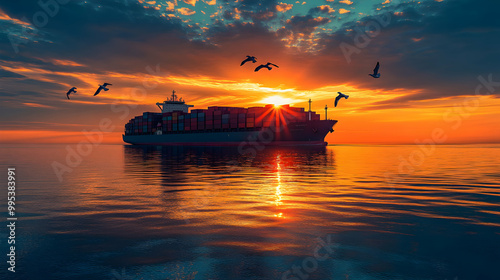 A stunning sunset illuminates a cargo ship on calm waters, with birds flying overhead, creating a serene maritime scene. photo