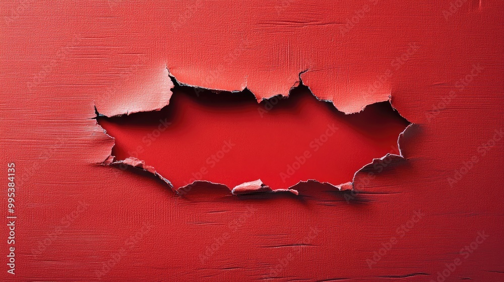 A tear creates an opening in a red paper sheet Blank space available A tear creates an opening in a red paper sheet Blank space available