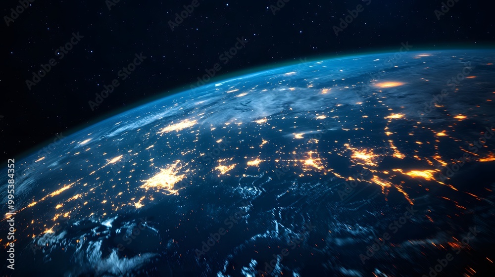 Obraz premium Planet Earth, city lights and cellular digital network growing binary data. 