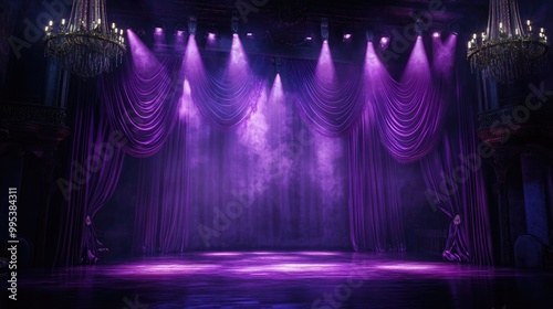 A stage adorned with purple drapes and illuminated by spotlights evoking a sense of intrigue and theatricality photo