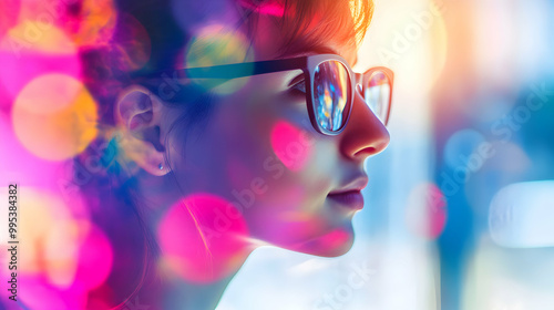 A profile view of a young woman with glasses, illuminated by colorful bokeh lights, creating a dreamy, vibrant atmosphere.