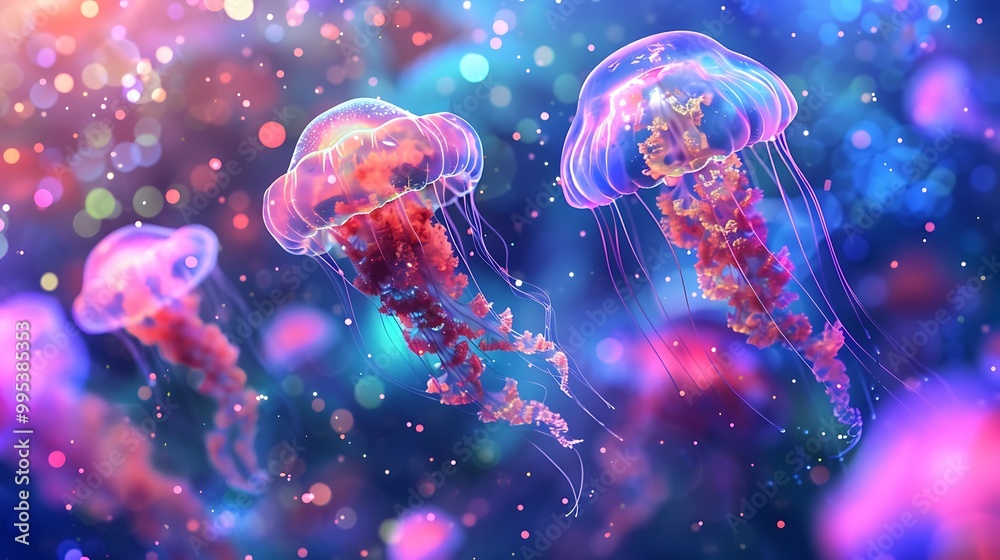 3D Illustration of Jellyfish in a Colorful and Sparkling Underwater Environment 3D Illustration of Jellyfish in a Colorful and Sparkling Underwater Environment