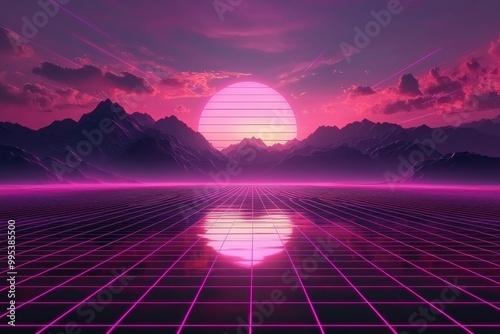 Retrofuturistic Landscape with Purple Grid and Sunset