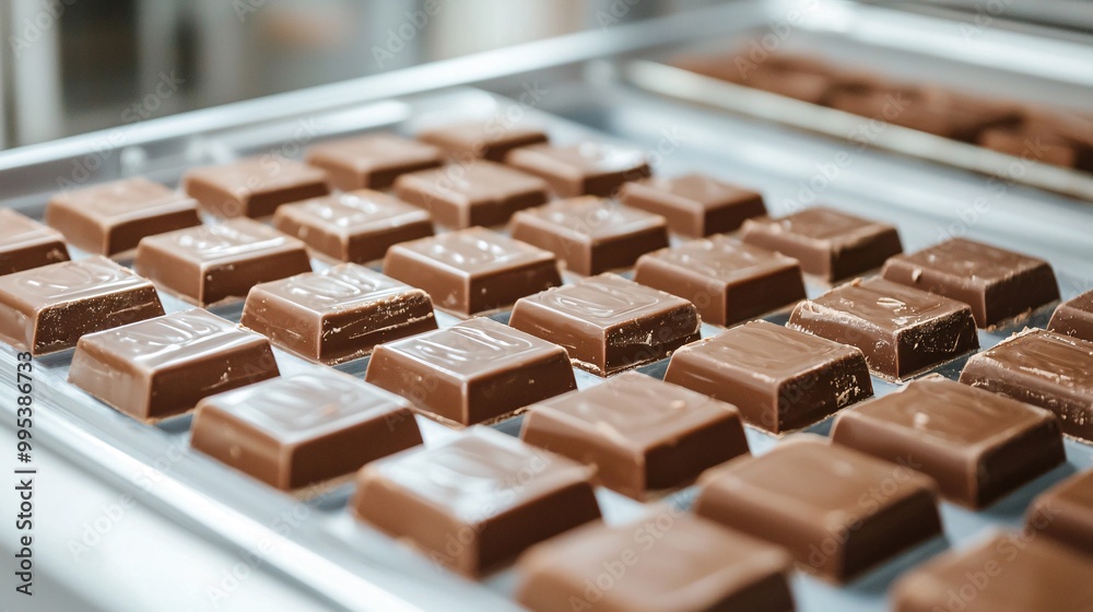 A close-up view of neatly arranged chocolate bars on a tray, showcasing their smooth texture and shiny surface, perfect for confectionery enthusiasts. A close-up view of neatly arranged chocolate bars on a tray, showcasing their smooth texture and shiny surface, perfect for confectionery enthusiasts.