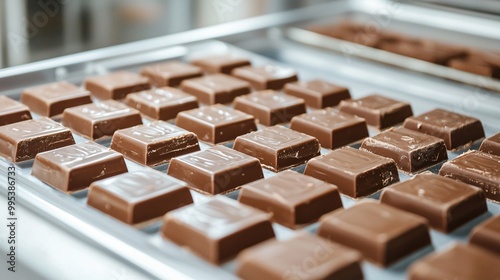 A close-up view of neatly arranged chocolate bars on a tray, showcasing their smooth texture and shiny surface, perfect for confectionery enthusiasts.