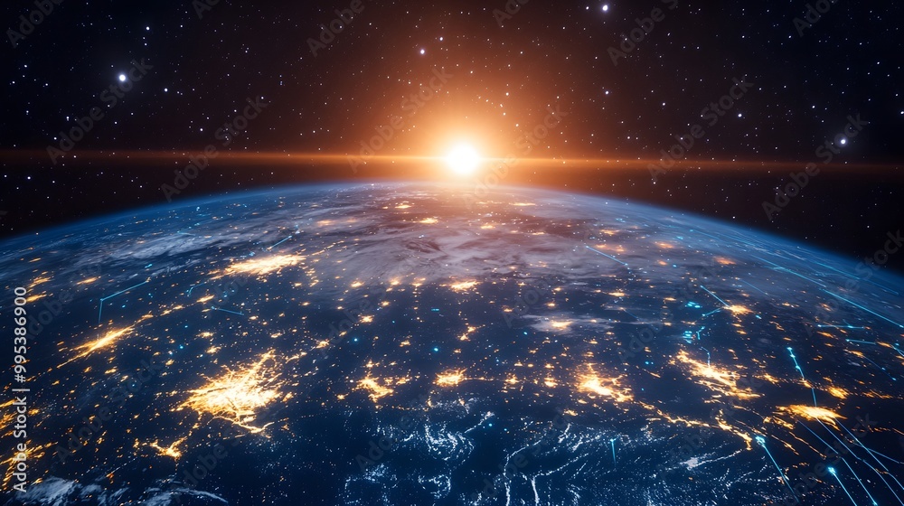 Planet Earth, city lights and cellular digital network growing binary data. Planet Earth, city lights and cellular digital network growing binary data.